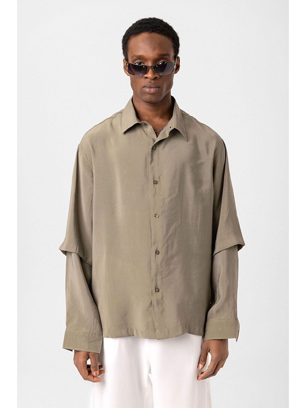 Çift Kol Detaylı Oversize Gömlek Haki-2