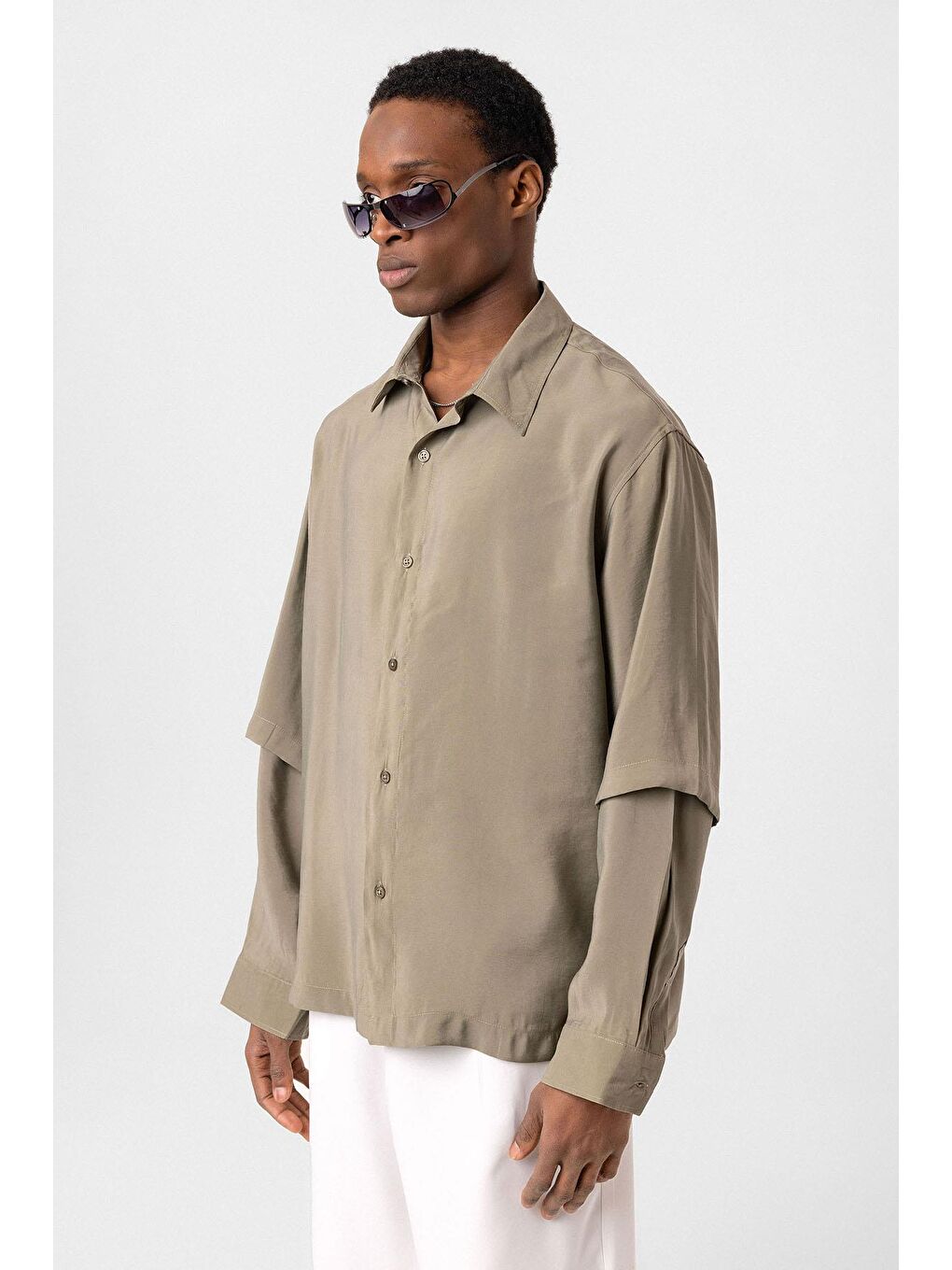 Çift Kol Detaylı Oversize Gömlek Haki-3