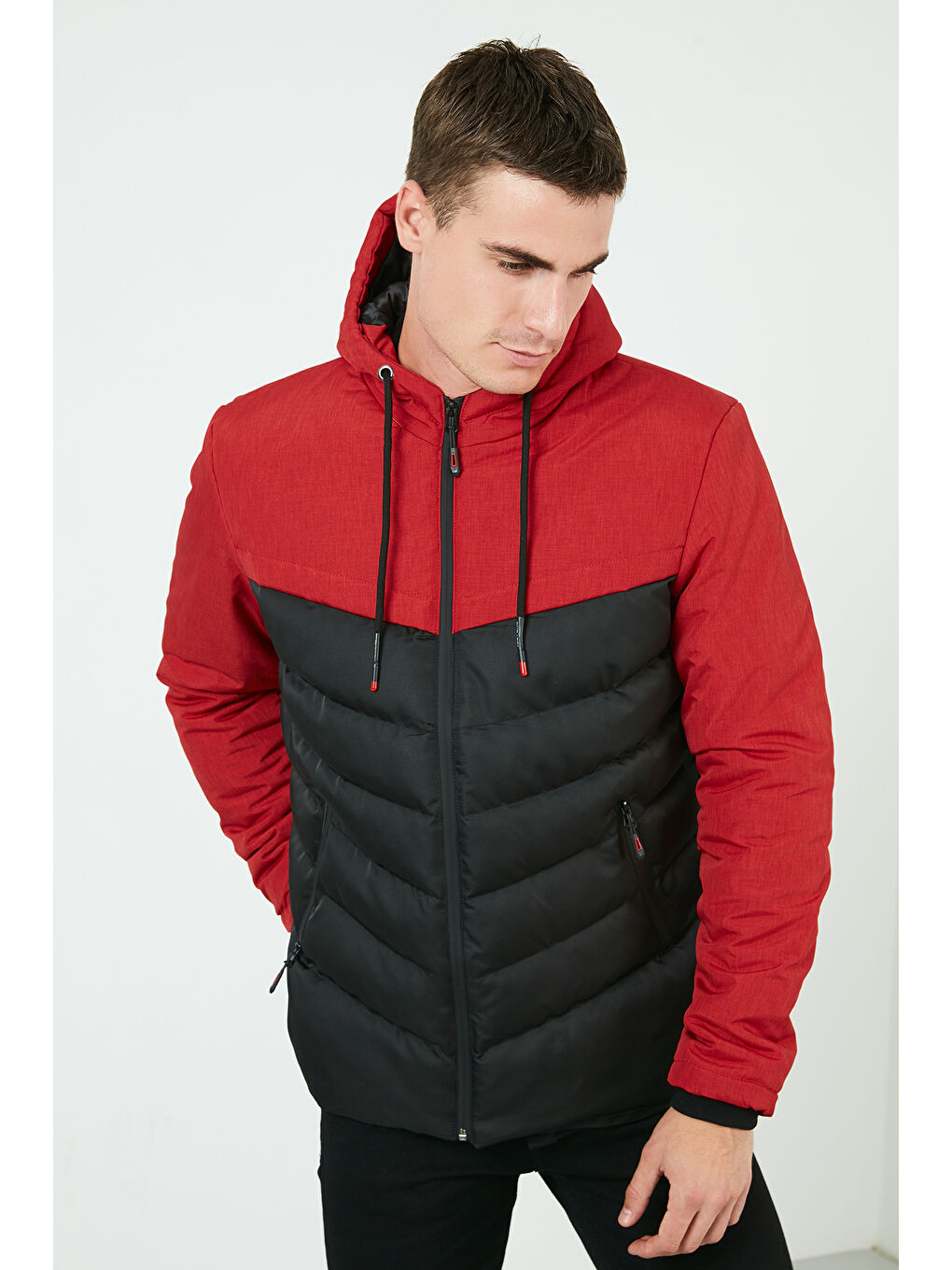 Kırmızı Slim Fit Kapüşonlu Cepli   100 Pamuk Erkek Şişme Mont 5712070-5