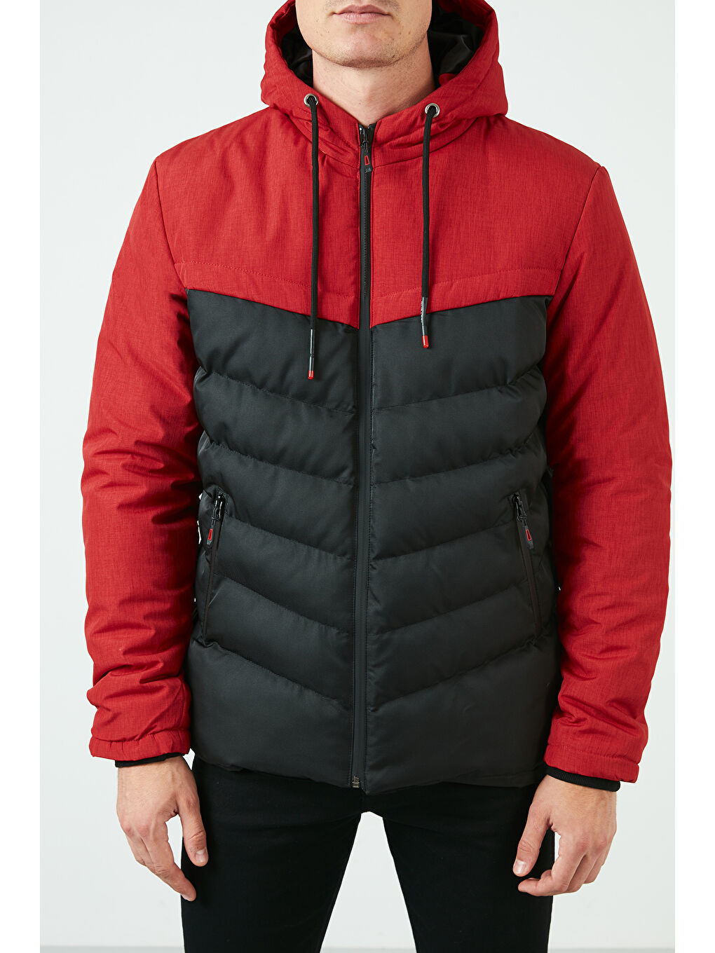 Kırmızı Slim Fit Kapüşonlu Cepli   100 Pamuk Erkek Şişme Mont 5712070-6