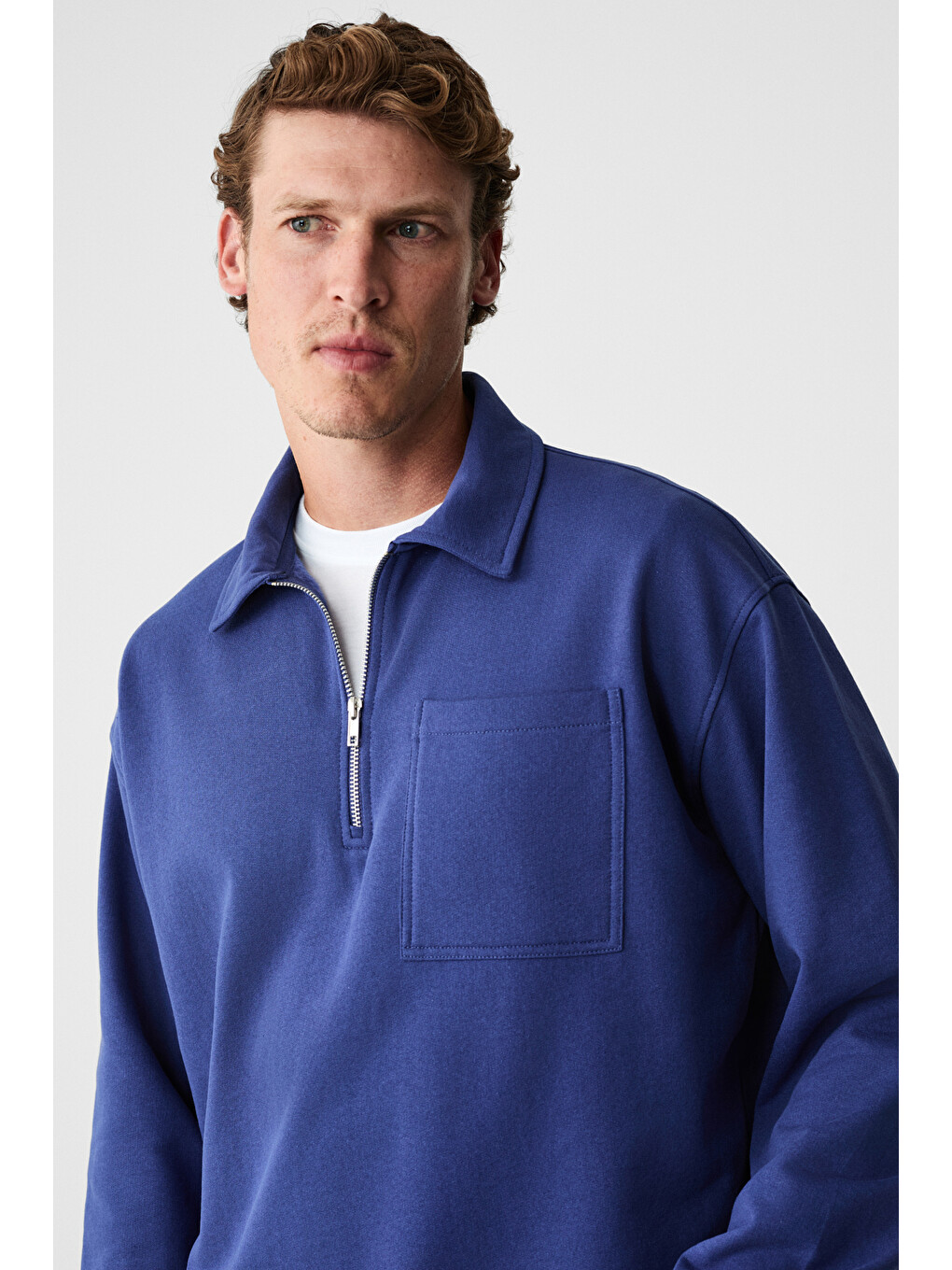 Shıftd Erkek Bisiklet Yaka Uzun Kollu Fermuarlı İndigo Sweatshirt-3