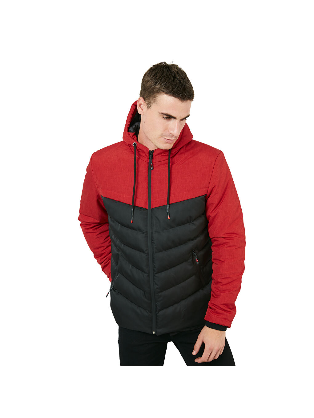 Kırmızı Slim Fit Kapüşonlu Cepli   100 Pamuk Erkek Şişme Mont 5712070-7
