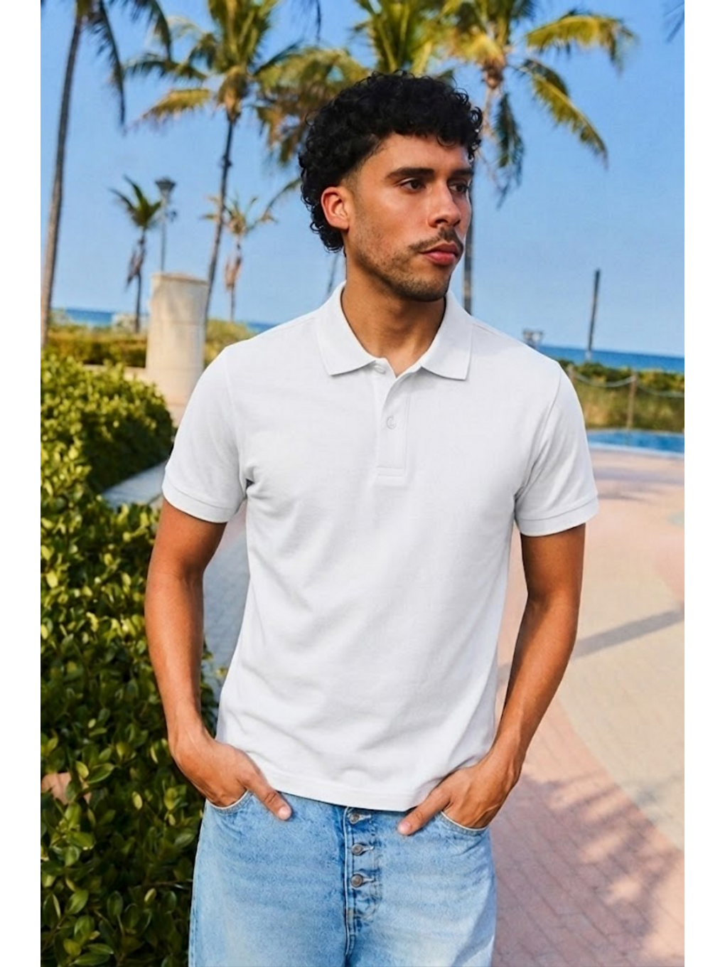 Erkek Kısa Kollu Beyaz Bol Polo Yaka Tişört