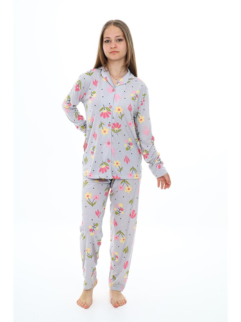 EFTELYA Gri Kız Çocuk Papatya Baskılı Pijama Takımı 7-16 Yaş 0154