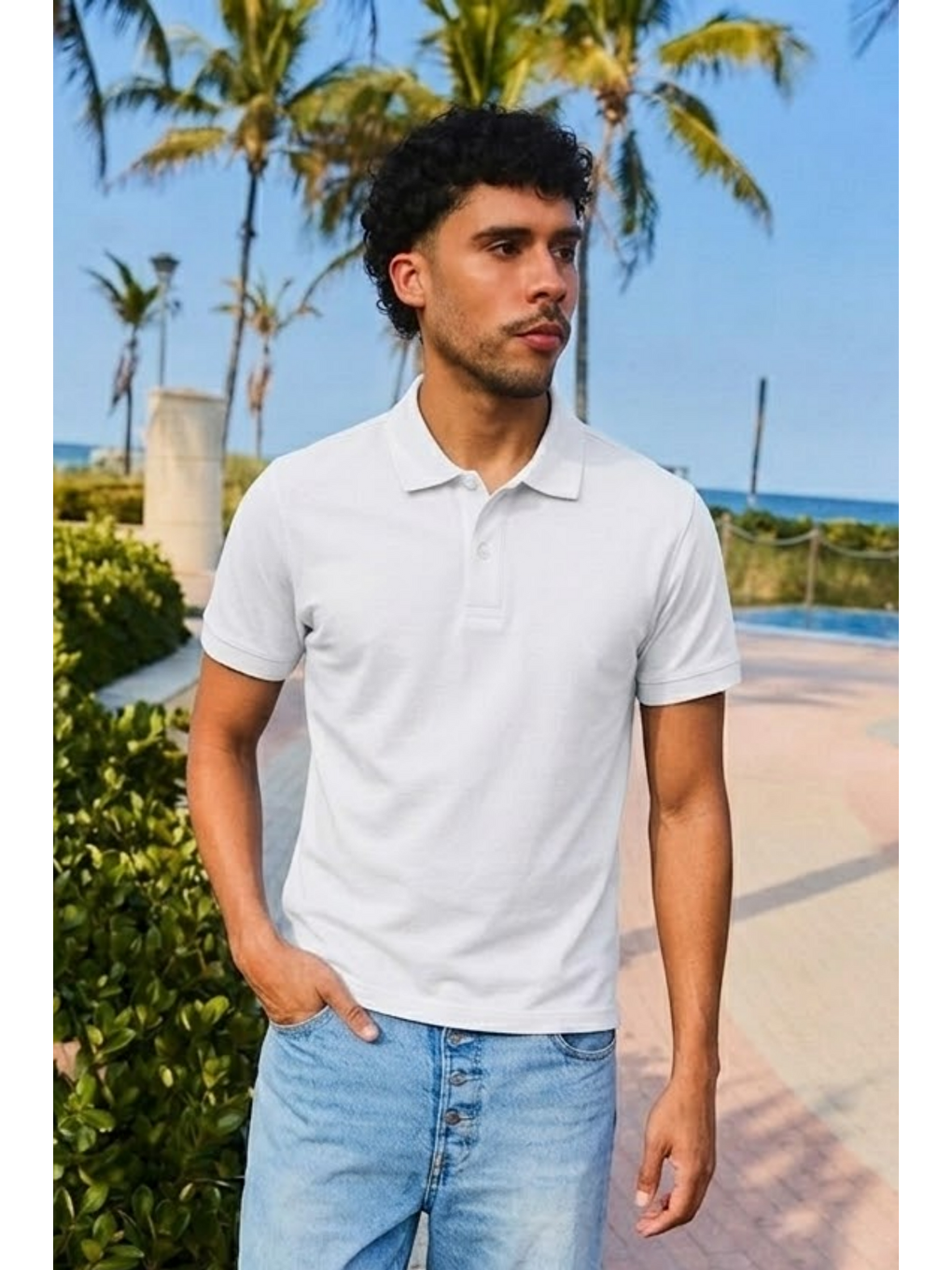 Erkek Kısa Kollu Beyaz Bol Polo Yaka Tişört-3
