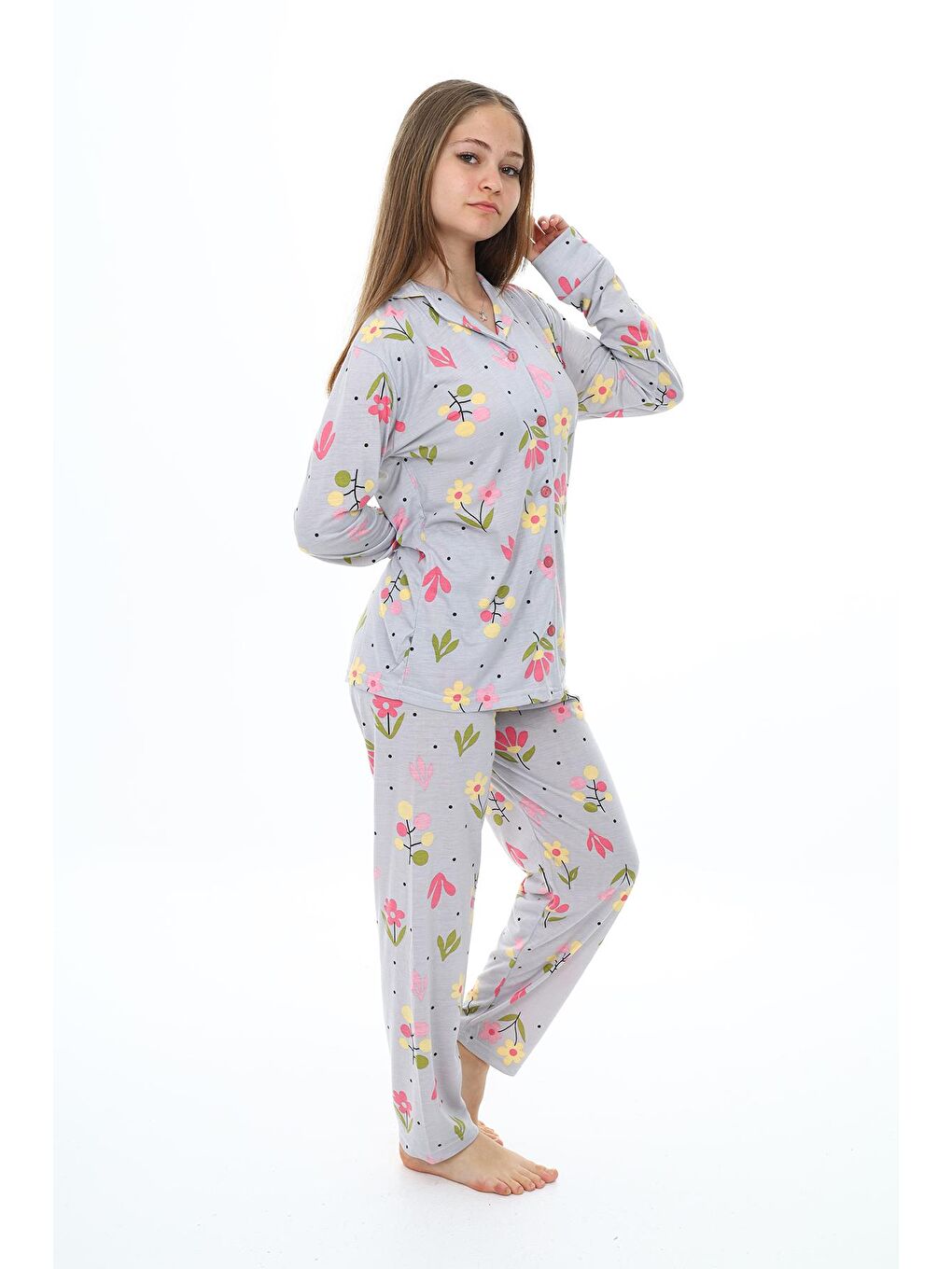 EFTELYA Gri Kız Çocuk Papatya Baskılı Pijama Takımı 7-16 Yaş 0154 - 2