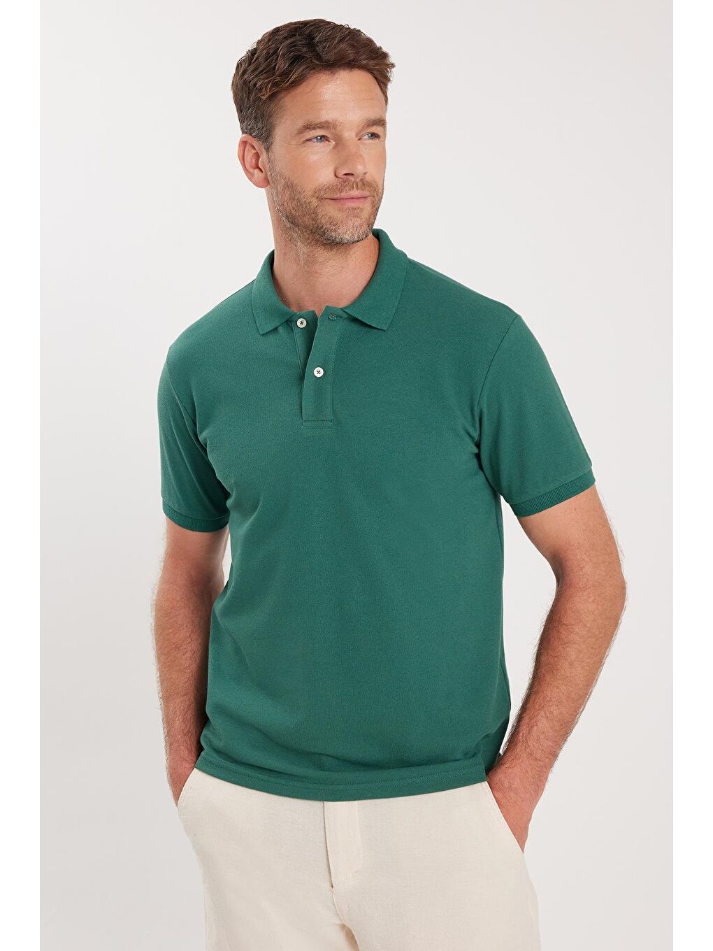 Erkek Slim Fit Dar Kesim Pamuklu Yumuşak Dokulu Serin Tutan Kumaş Düz Pike Yeşil Polo Yaka Tişört