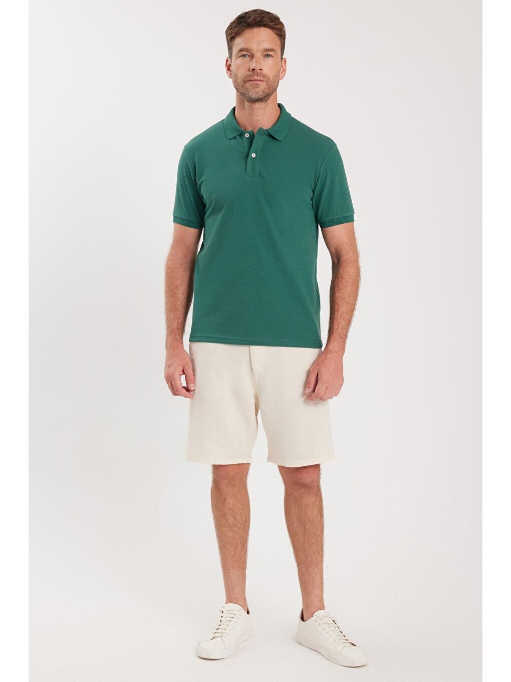 Erkek Slim Fit Dar Kesim Pamuklu Yumuşak Dokulu Serin Tutan Kumaş Düz Pike Yeşil Polo Yaka Tişört-3