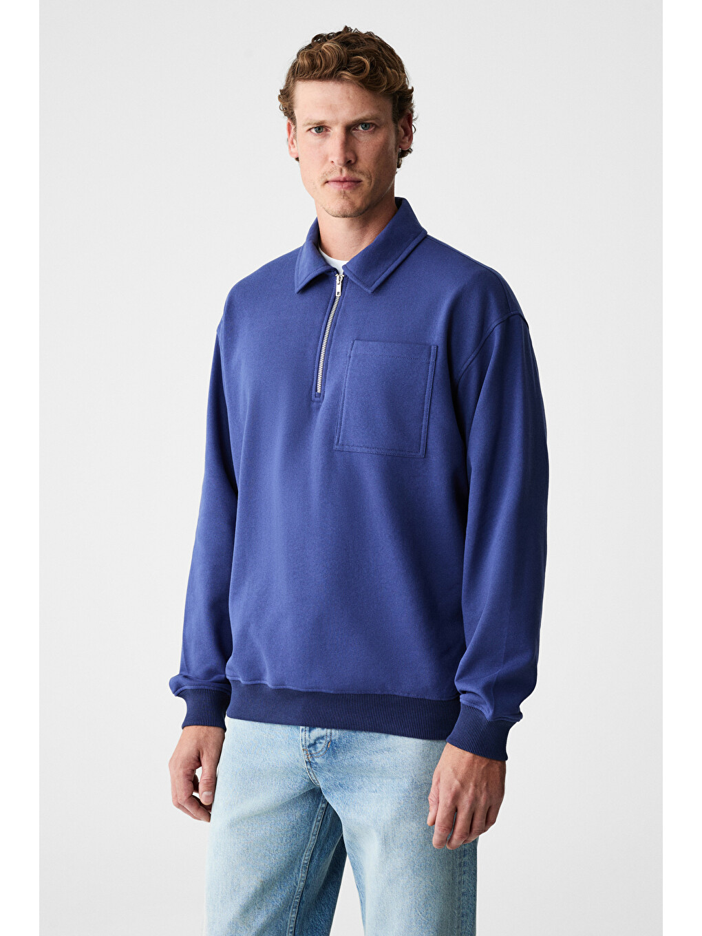 Shıftd Erkek Bisiklet Yaka Uzun Kollu Fermuarlı İndigo Sweatshirt-4