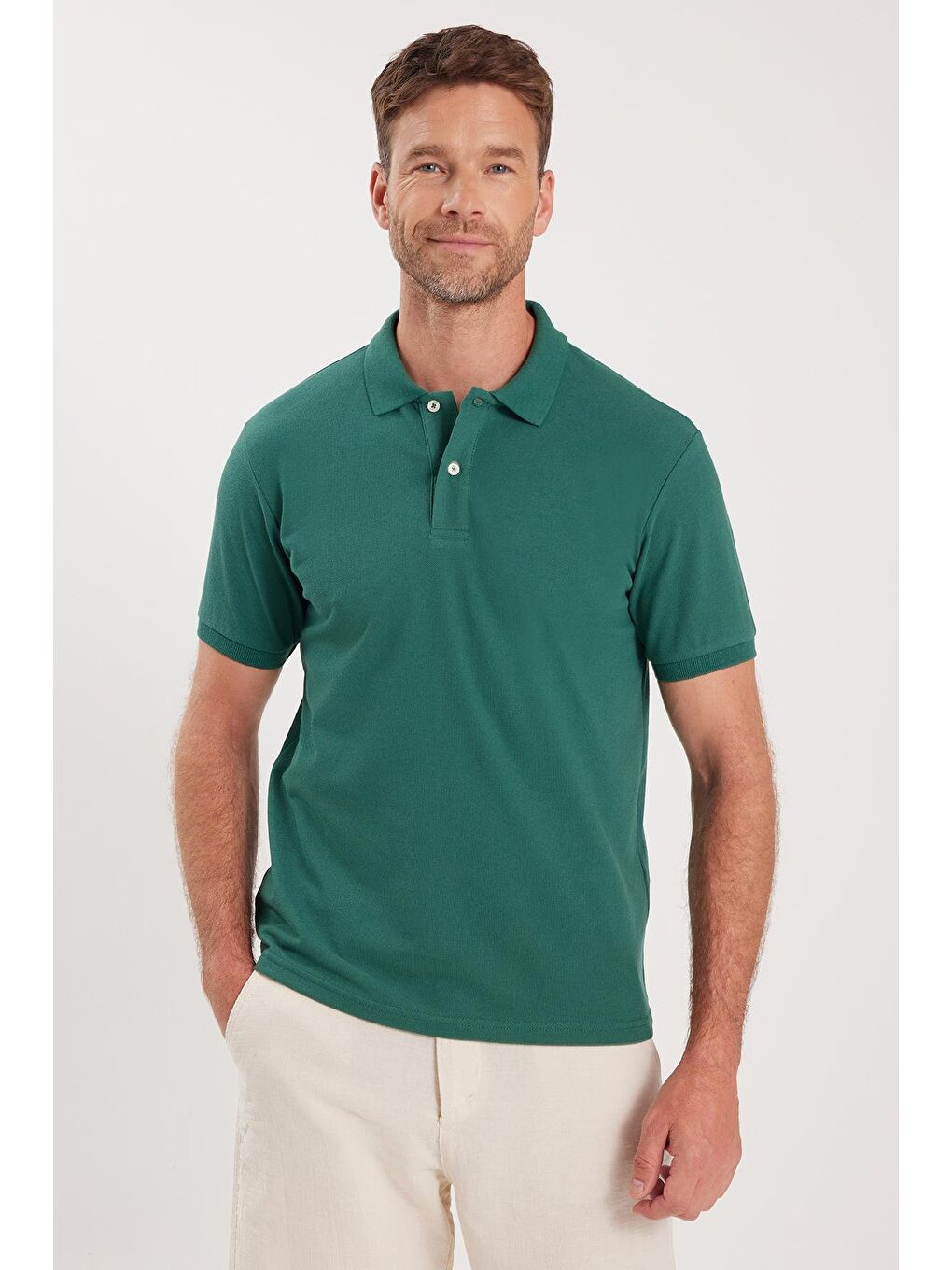 Erkek Slim Fit Dar Kesim Pamuklu Yumuşak Dokulu Serin Tutan Kumaş Düz Pike Yeşil Polo Yaka Tişört-4