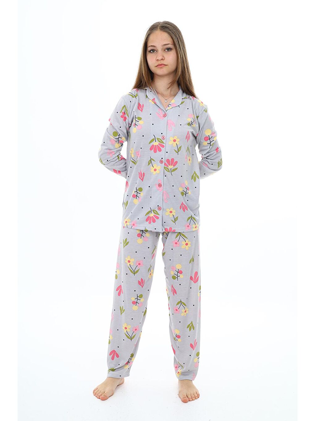 EFTELYA Gri Kız Çocuk Papatya Baskılı Pijama Takımı 7-16 Yaş 0154 - 4