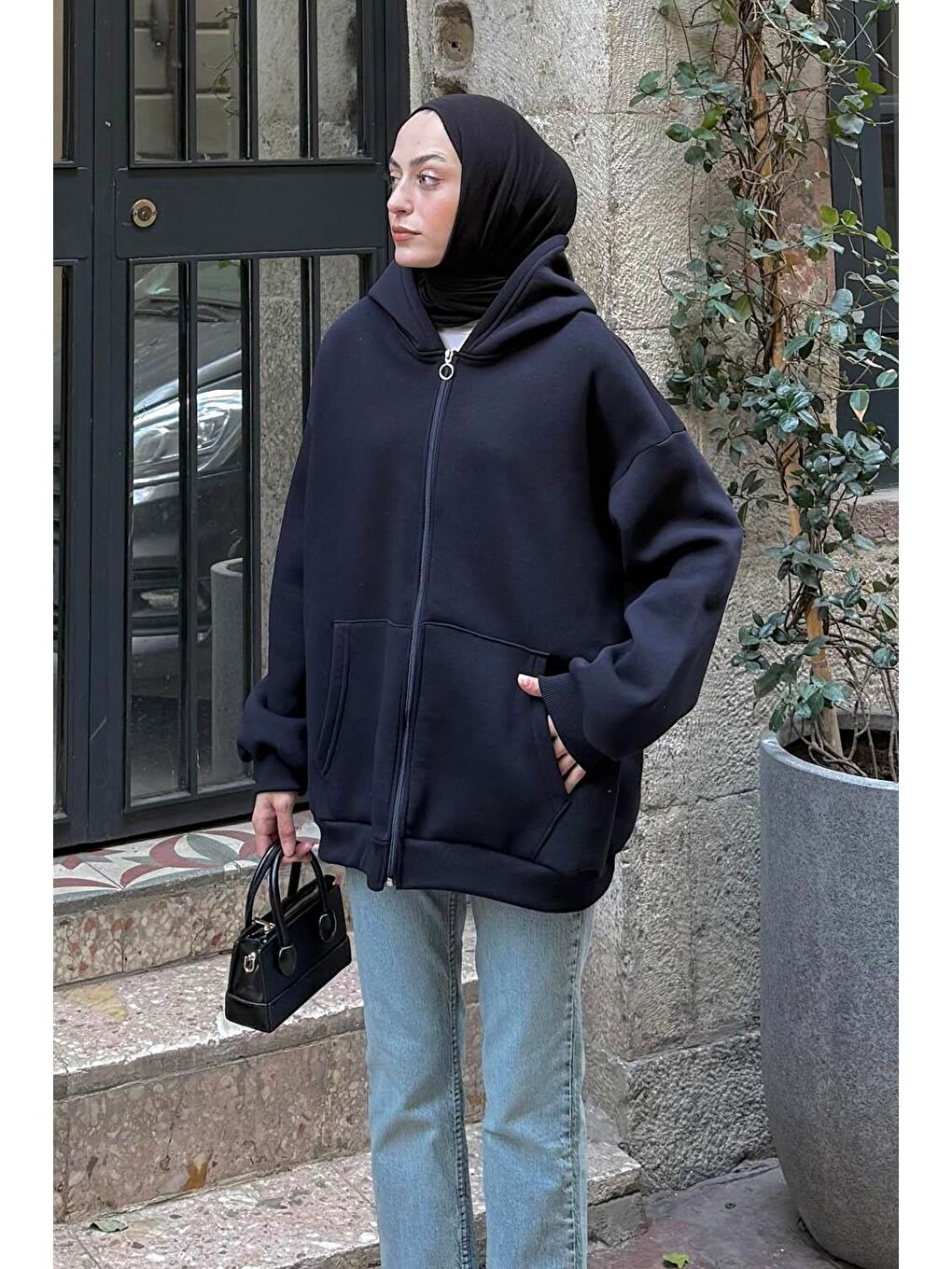 Kapüşonlu Oversize Yan Cepli Sweat Lacivert-1
