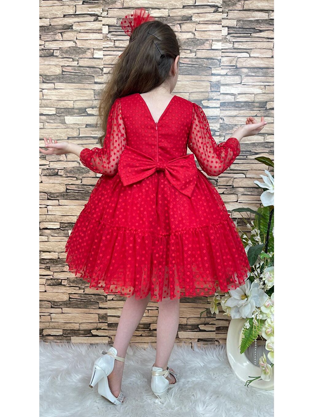 Kırmızı Katkat Prenses Dantel Tokalı Kız Çocuk Elbise MNK0306-1