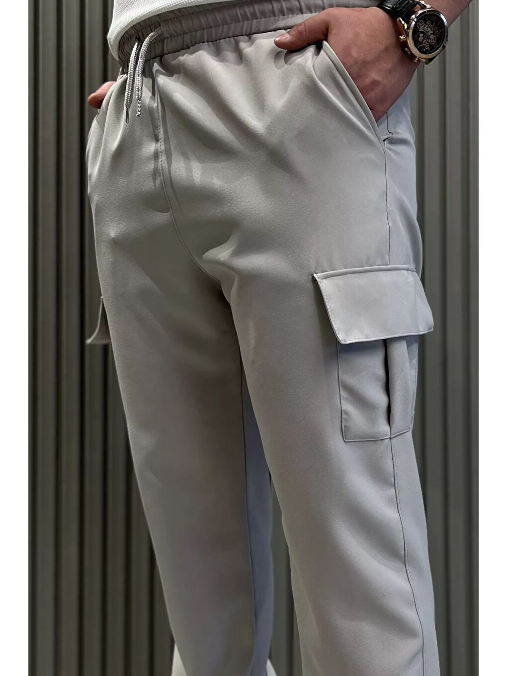 Gri Bel Bağlamalı Kargo Cepli Erkek Jogger Yürüyüş Pantolonu-3