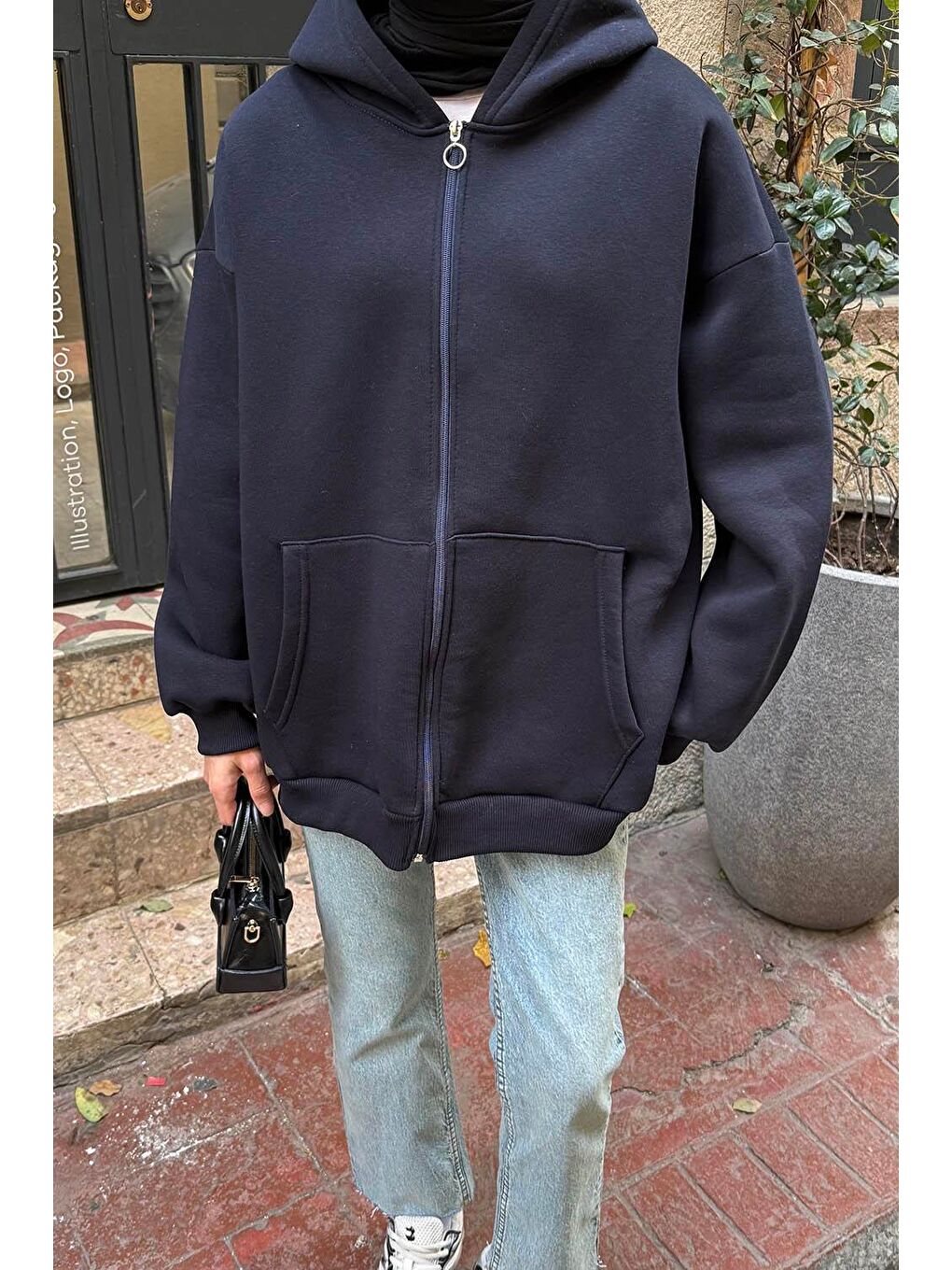 Kapüşonlu Oversize Yan Cepli Sweat Lacivert-2