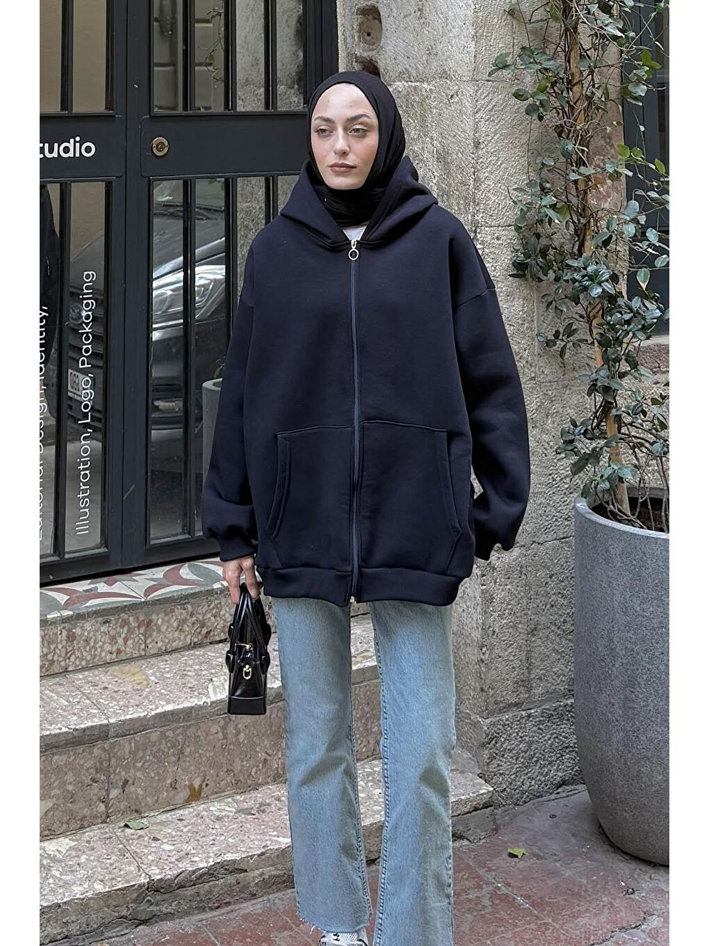 Kapüşonlu Oversize Yan Cepli Sweat Lacivert-3