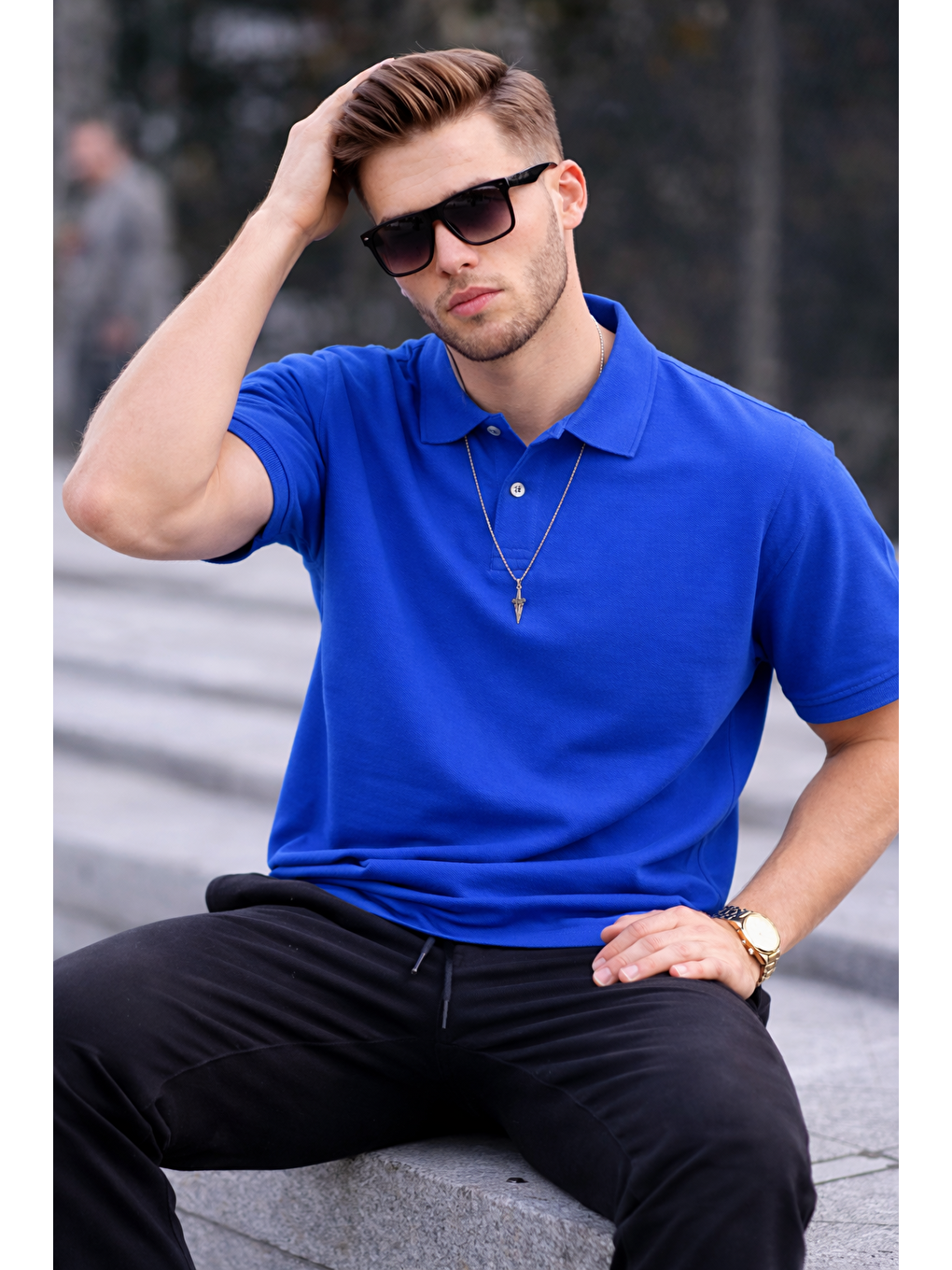 Erkek Basic Relax Turkuaz Polo Yaka Tişört-4
