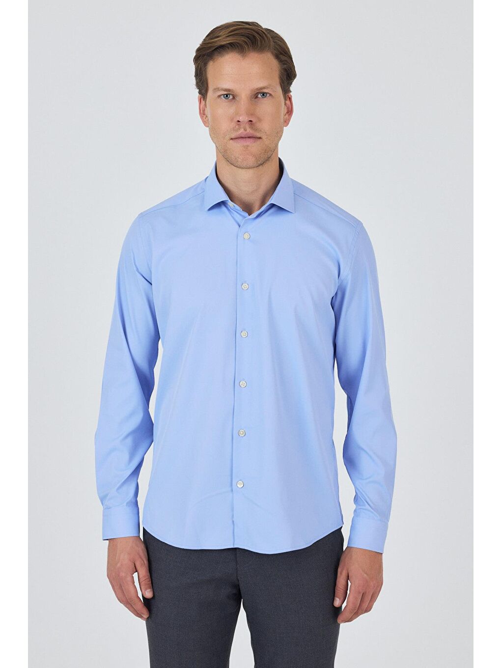 Mavi Uzun Kol Düz Bez Ayağı Sert Yaka Cepsiz Pamuklu Classic Slim Fit Gömlek 1004250160