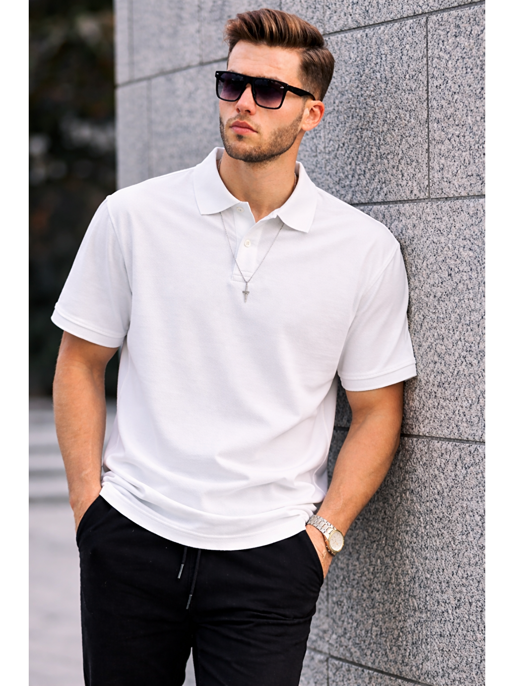 Erkek Basic Relax Beyaz Polo Yaka Tişört-2