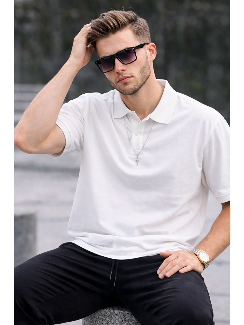 Erkek Basic Relax Beyaz Polo Yaka Tişört-4