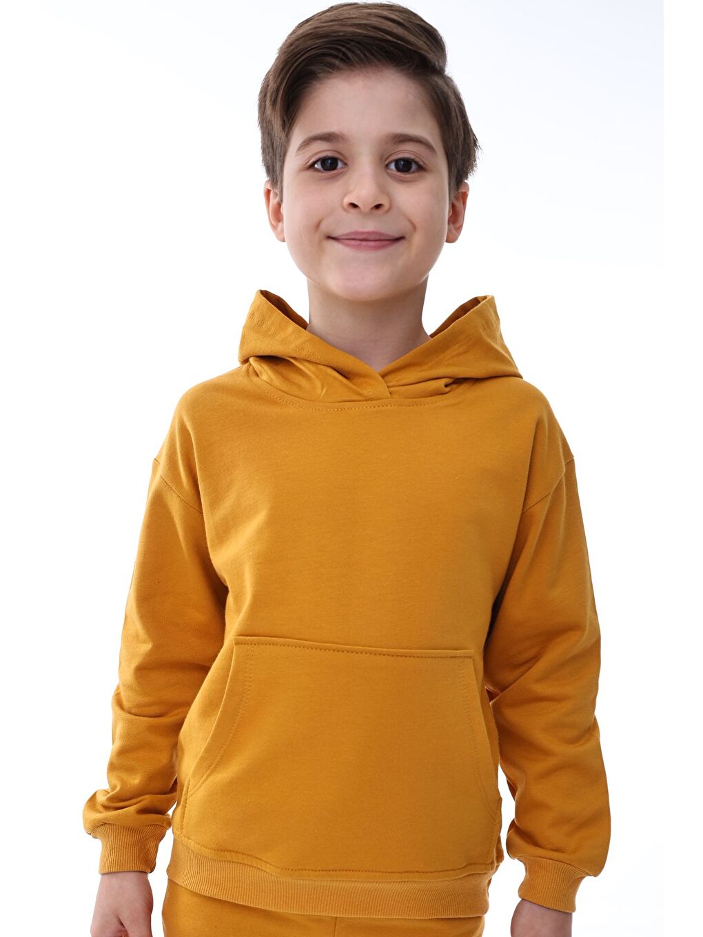 Sarı Basic Kapüşonlu Şardonlu Kanguru Cep Detaylı Çocuk Sweatshirt 3-12 Yaş-1
