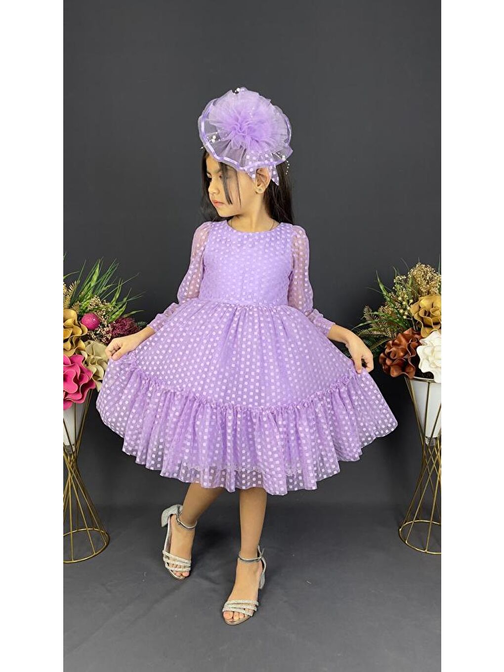 Lila Katkat Prenses Dantel Tokalı Kız Çocuk Elbise MNK0306