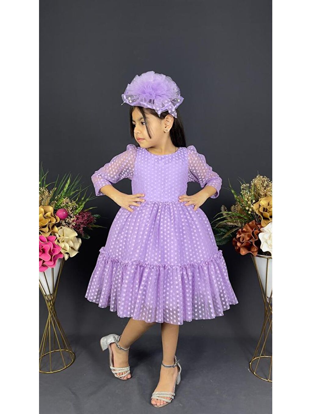 Lila Katkat Prenses Dantel Tokalı Kız Çocuk Elbise MNK0306-1