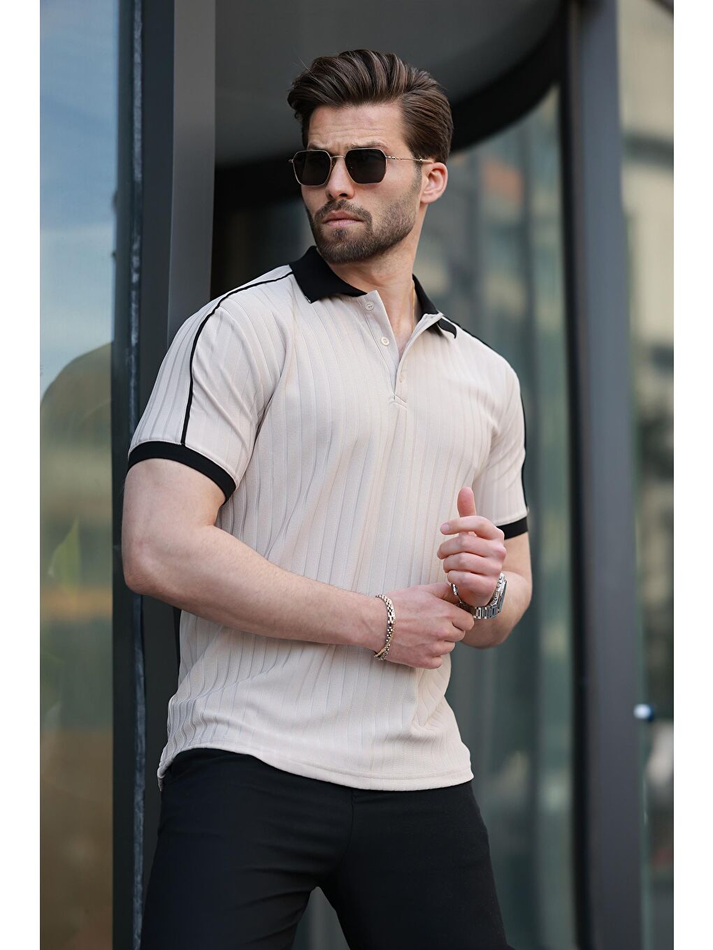 Bej Desenli Polo Yaka Triko Erkek Tişört E7155