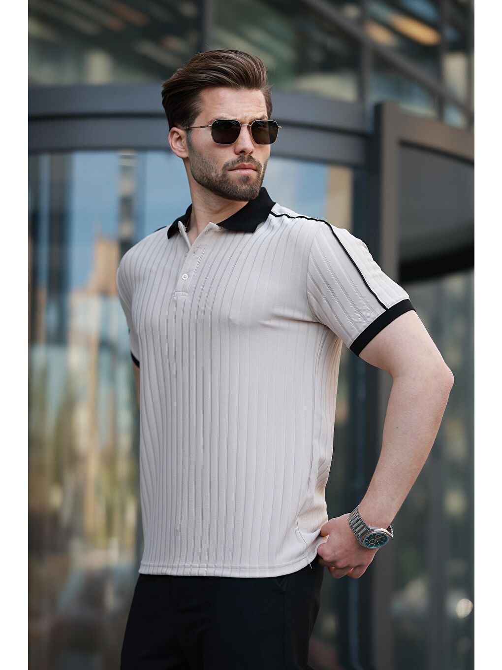 Bej Desenli Polo Yaka Triko Erkek Tişört E7155-1