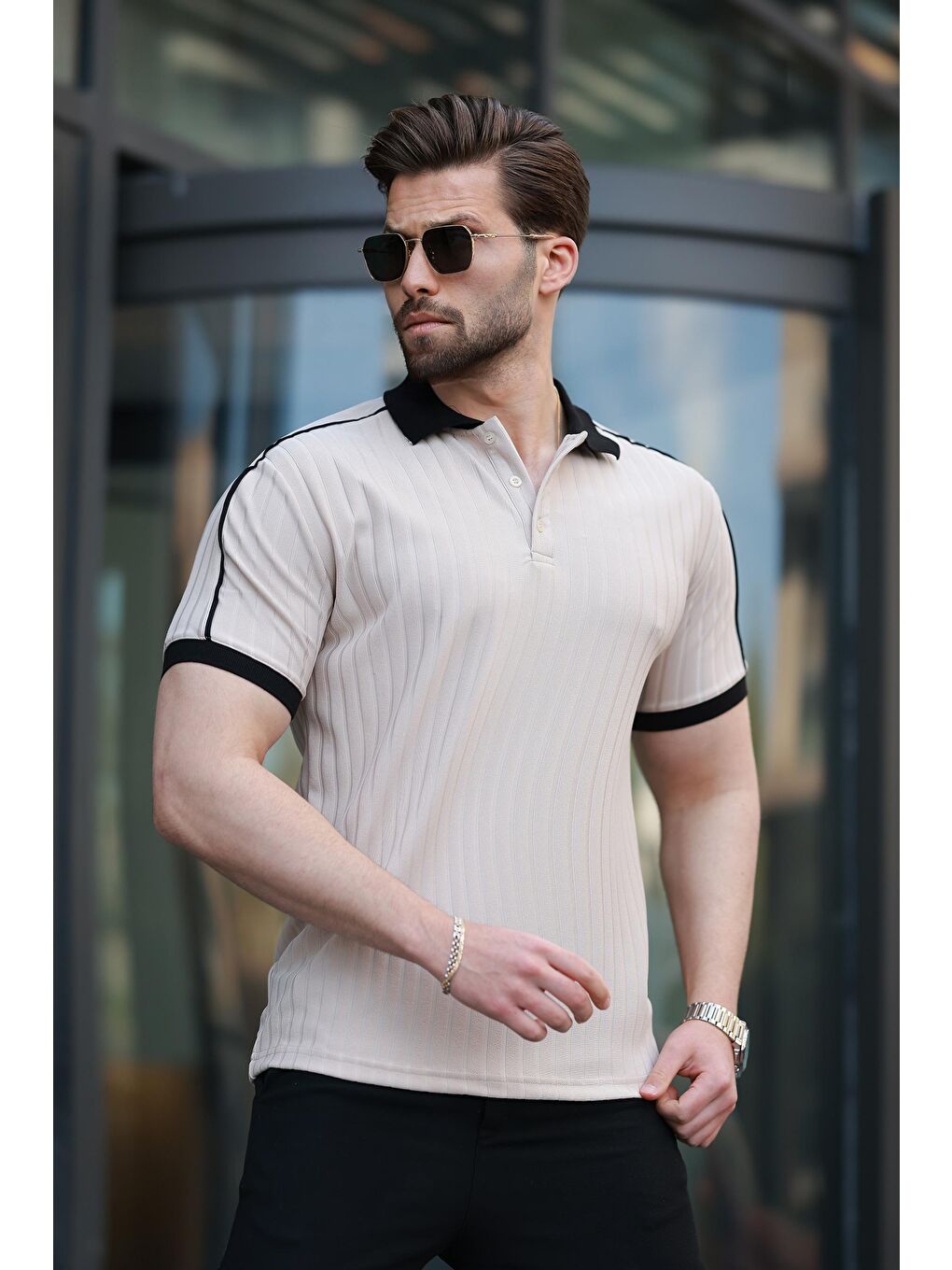 Bej Desenli Polo Yaka Triko Erkek Tişört E7155-2