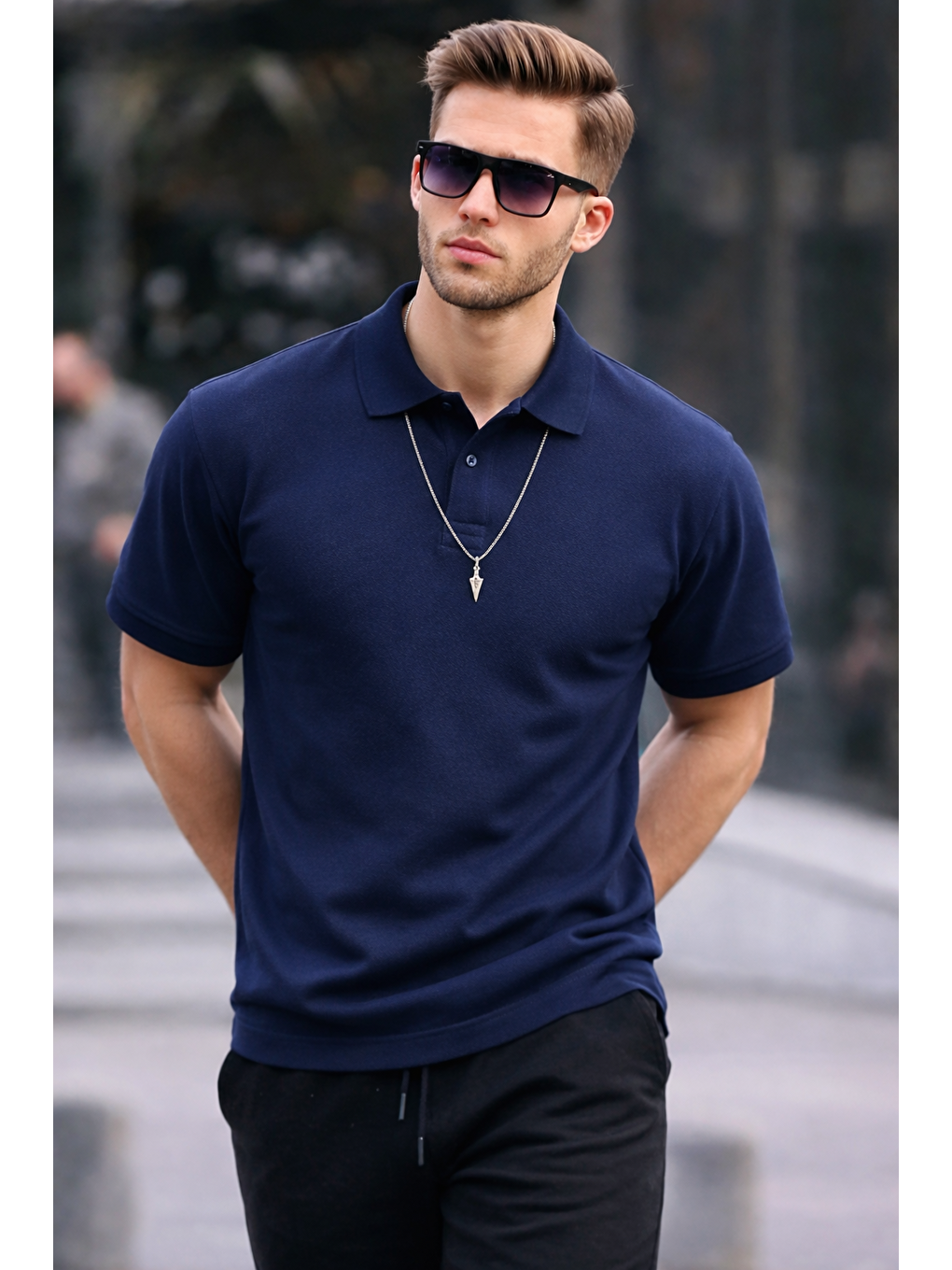 Erkek Basic Relax Lacivert Polo Yaka Tişört-1