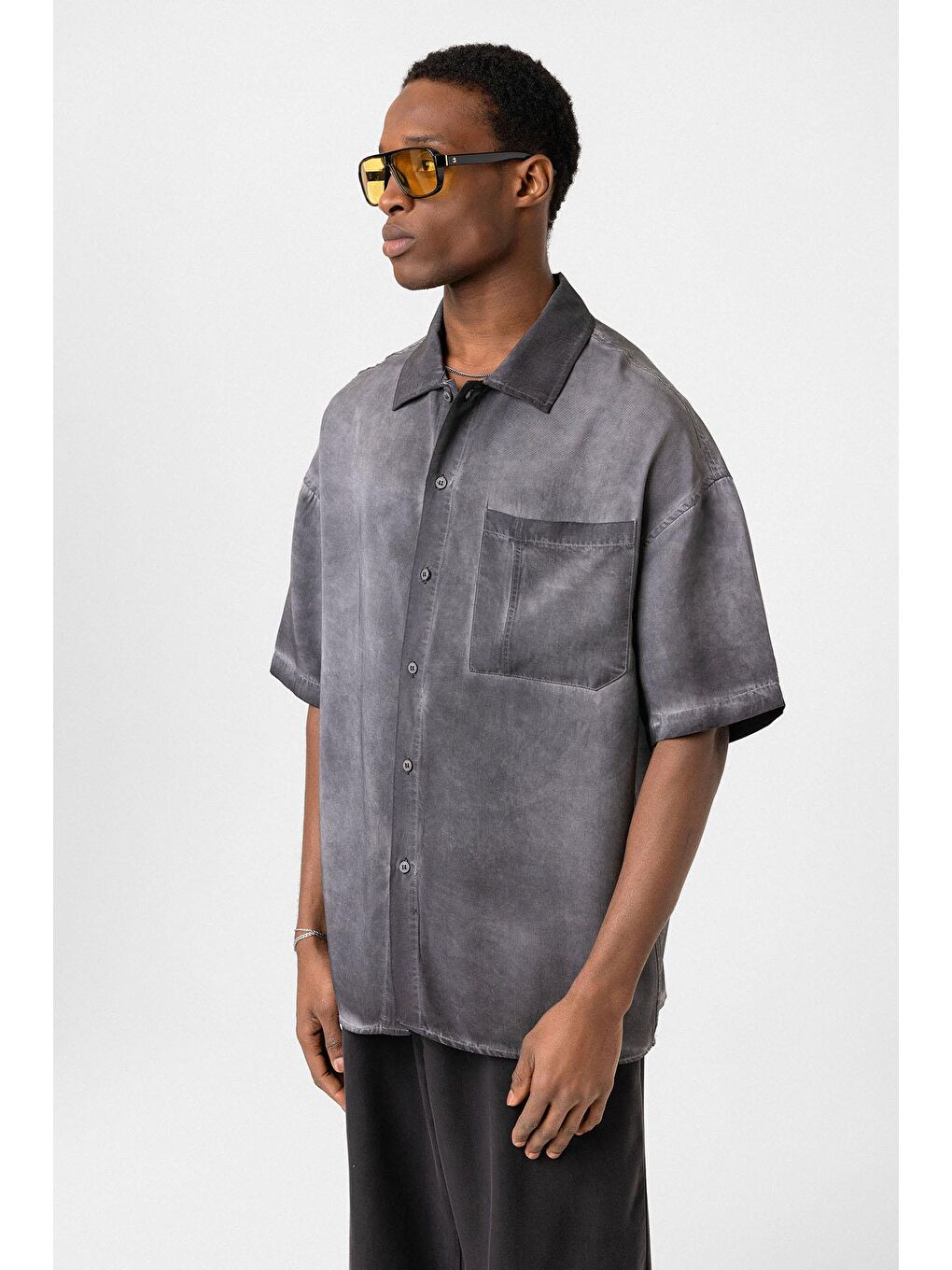 Yıkamalı Kısa Kollu Oversize Gömlek Siyah-3