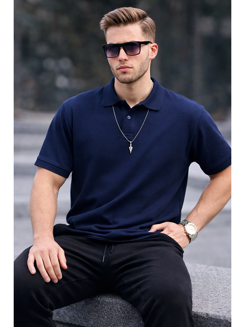 Erkek Basic Relax Lacivert Polo Yaka Tişört-3