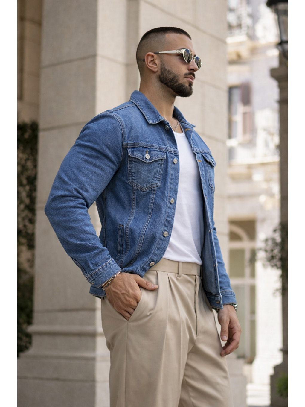 Erkek Trend Günlük Basic Cepli Dar Mavi Jean Ceket-4