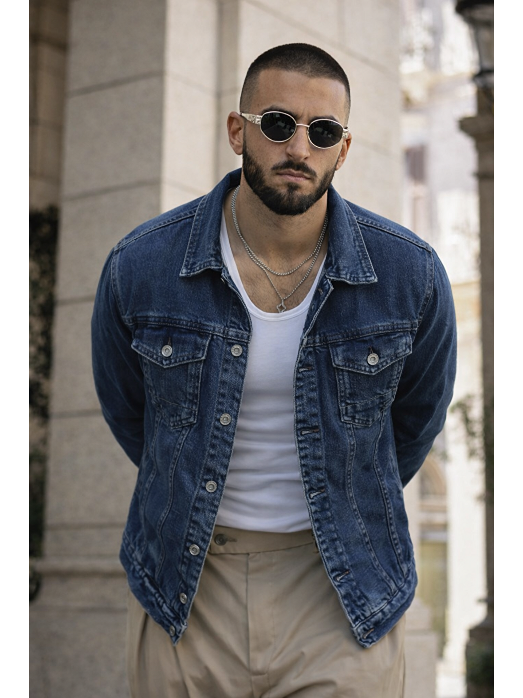 Erkek Trend Günlük Basic Cepli Dar Lacivert Jean Ceket-1