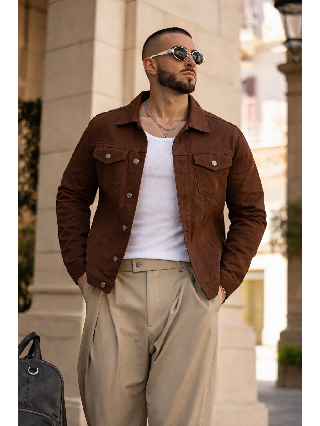 Kahverengi Erkek Trend Günlük Basic Cepli Dar Kahve Jean Ceket