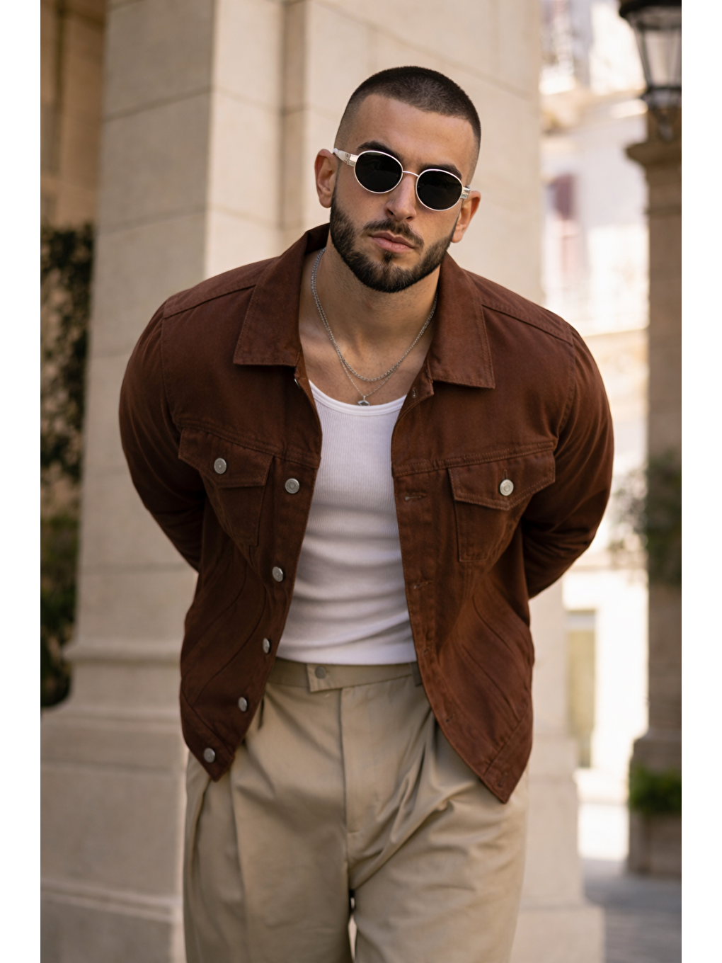 Kahverengi Erkek Trend Günlük Basic Cepli Dar Kahve Jean Ceket-1