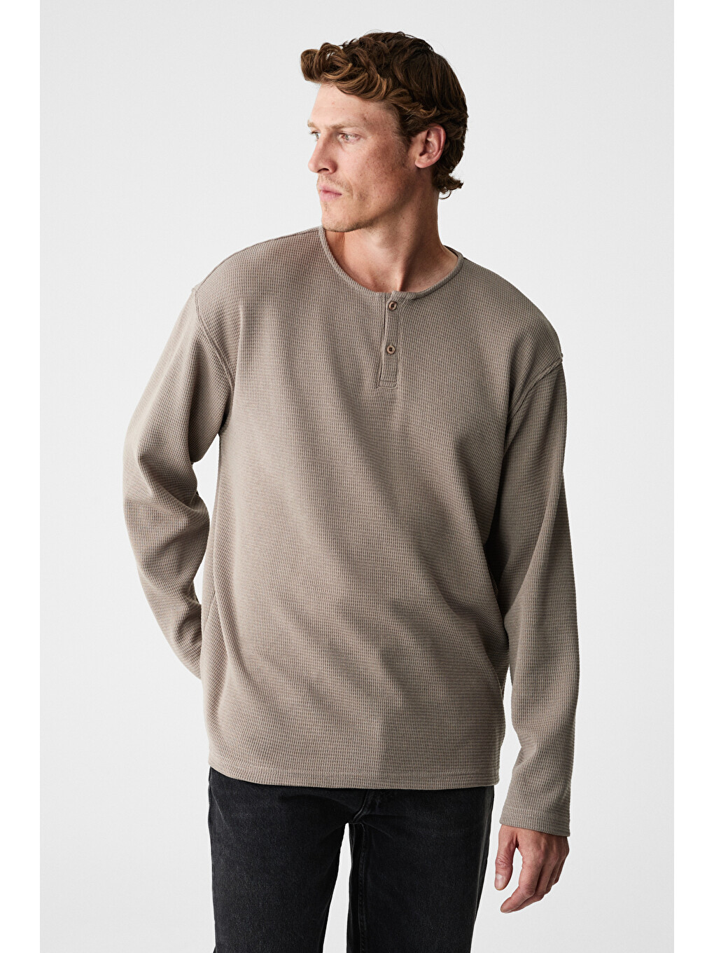 Bej Renew Erkek Organik Pamuklu Bisiklet Yaka Yarım Patlı Düğmeli Regular Vizon Sweatshirt-2