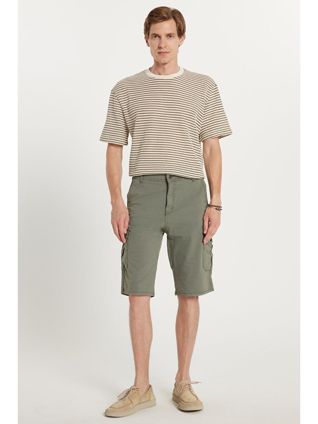 Erkek Relax Fit Rahat Kesim %100 Pamuk Kargo Cep Haki Kapri Şort-3