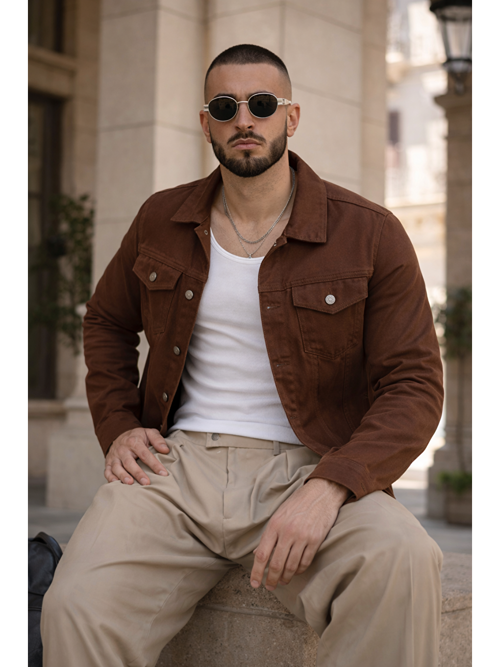 Kahverengi Erkek Trend Günlük Basic Cepli Dar Kahve Jean Ceket-3