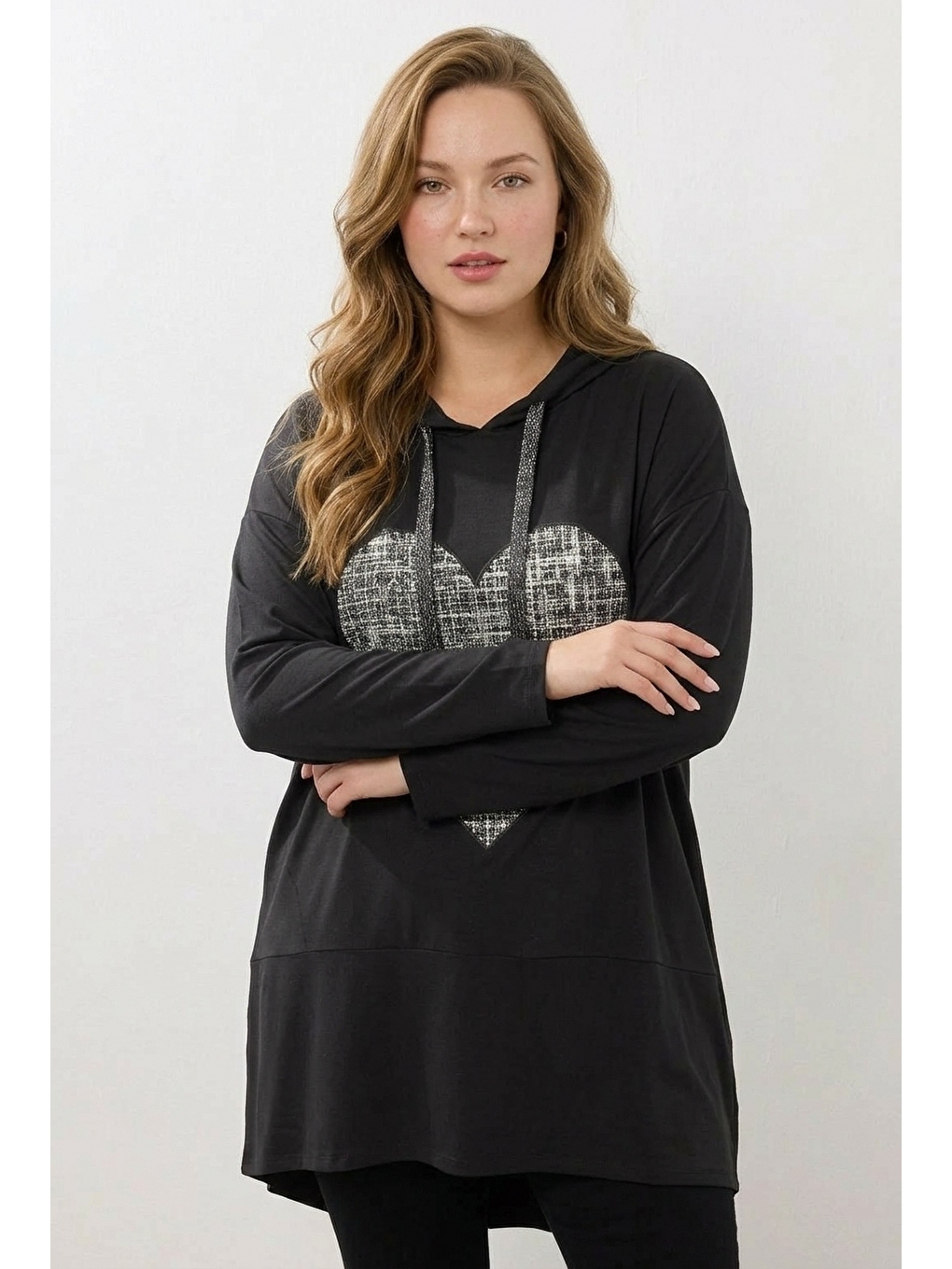Siyah V Yaka Uzun Kollu Kapüşonlu Tunik Sweatshirt-1