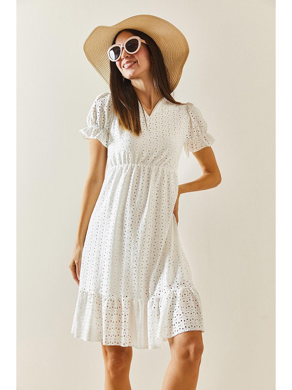 Beyaz Fistolu Fırfır Detaylı Elbise 5YXK6-48332-01-4