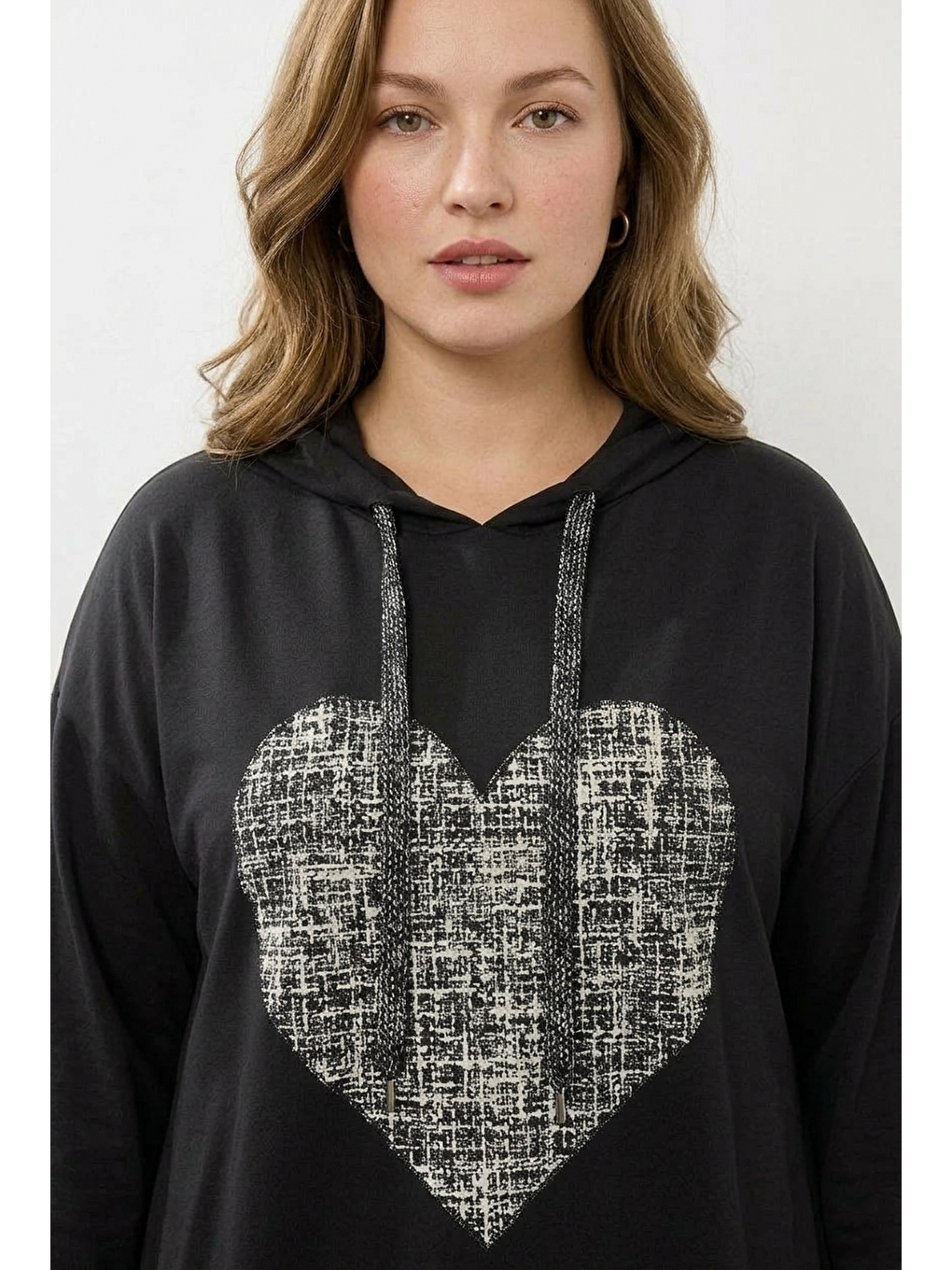 Siyah V Yaka Uzun Kollu Kapüşonlu Tunik Sweatshirt-3