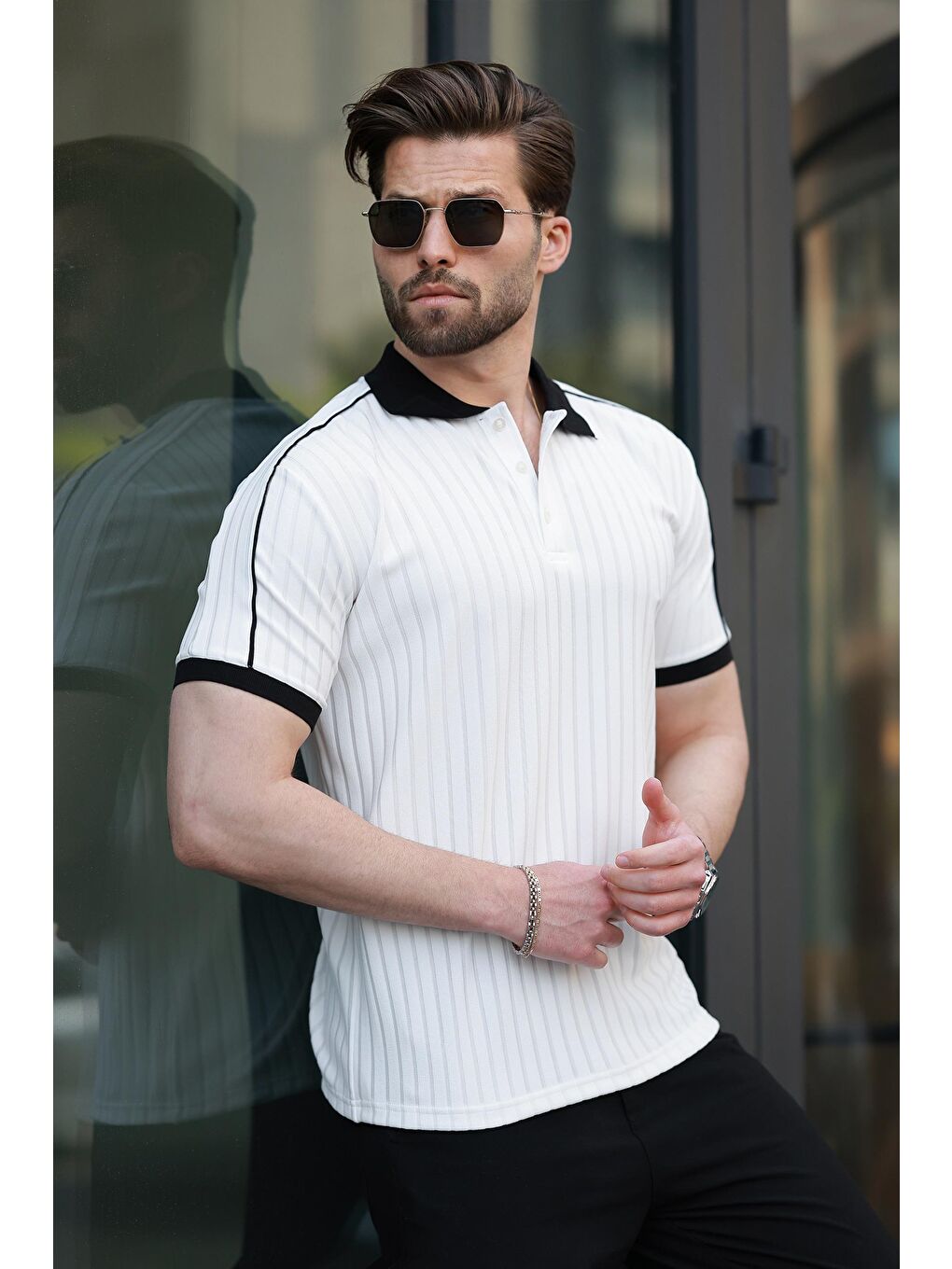 Ekru Desenli Polo Yaka Triko Erkek Tişört E7155