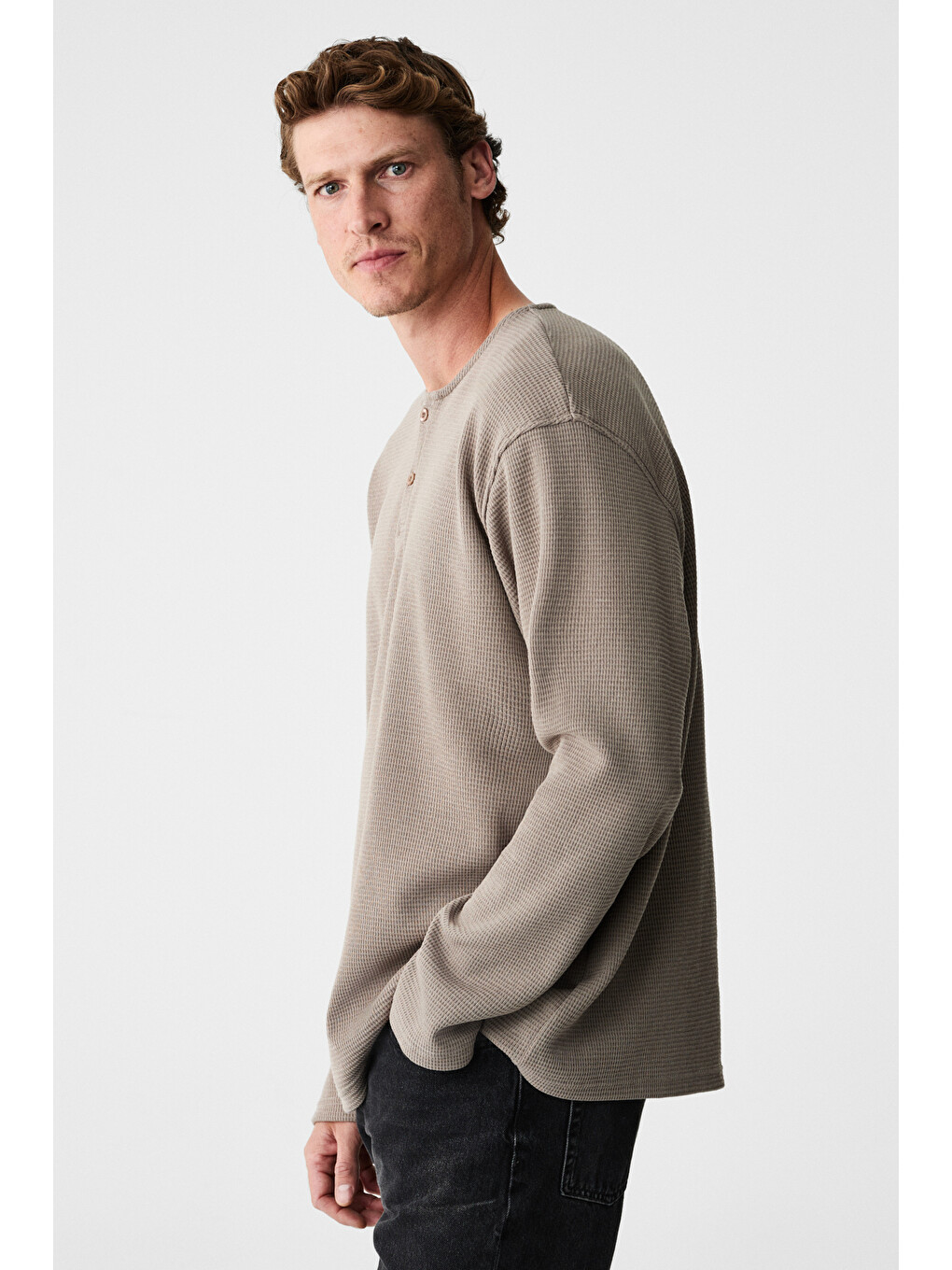 Bej Renew Erkek Organik Pamuklu Bisiklet Yaka Yarım Patlı Düğmeli Regular Vizon Sweatshirt-4