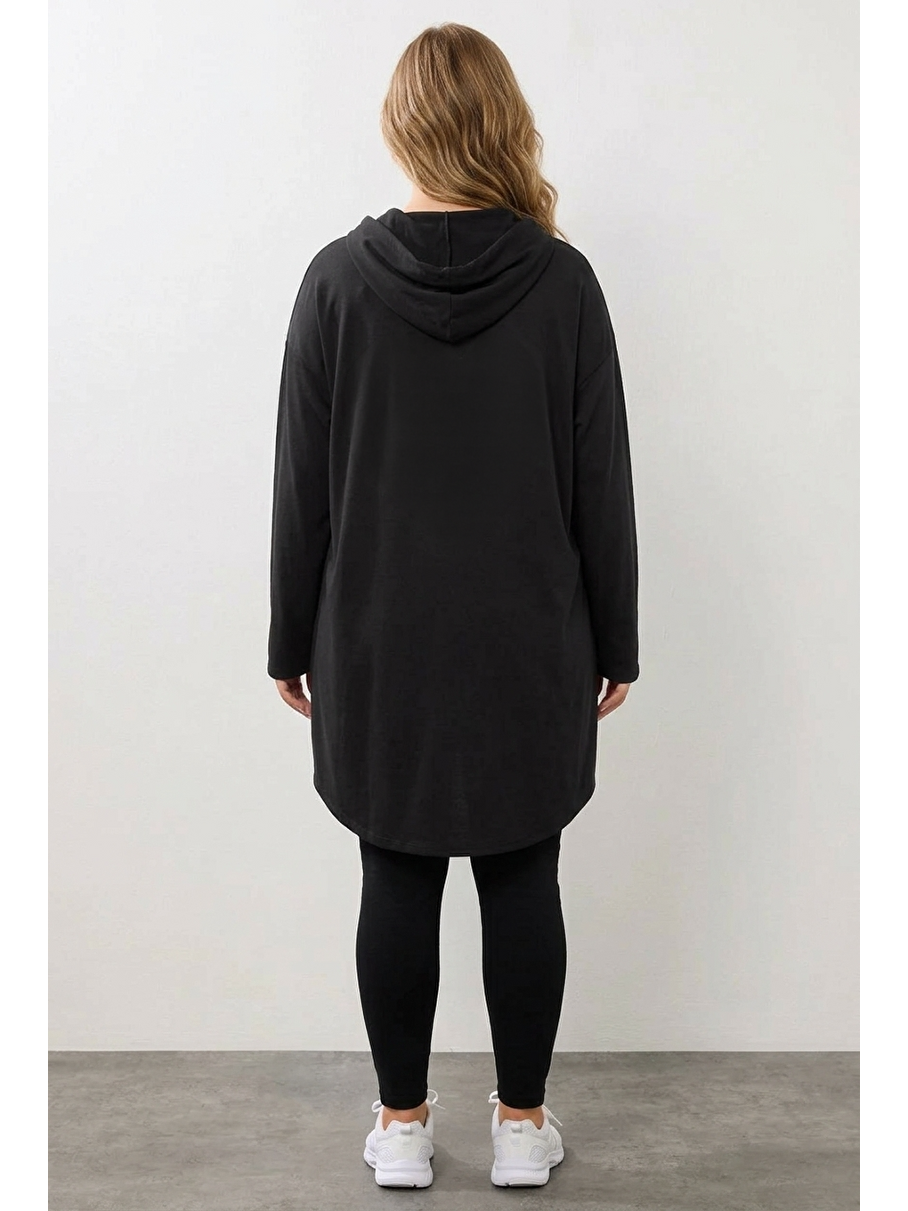 Siyah V Yaka Uzun Kollu Kapüşonlu Tunik Sweatshirt-5