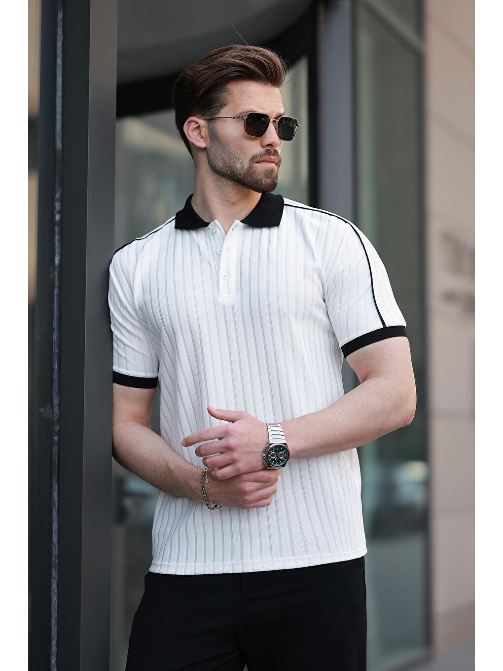 Ekru Desenli Polo Yaka Triko Erkek Tişört E7155-1