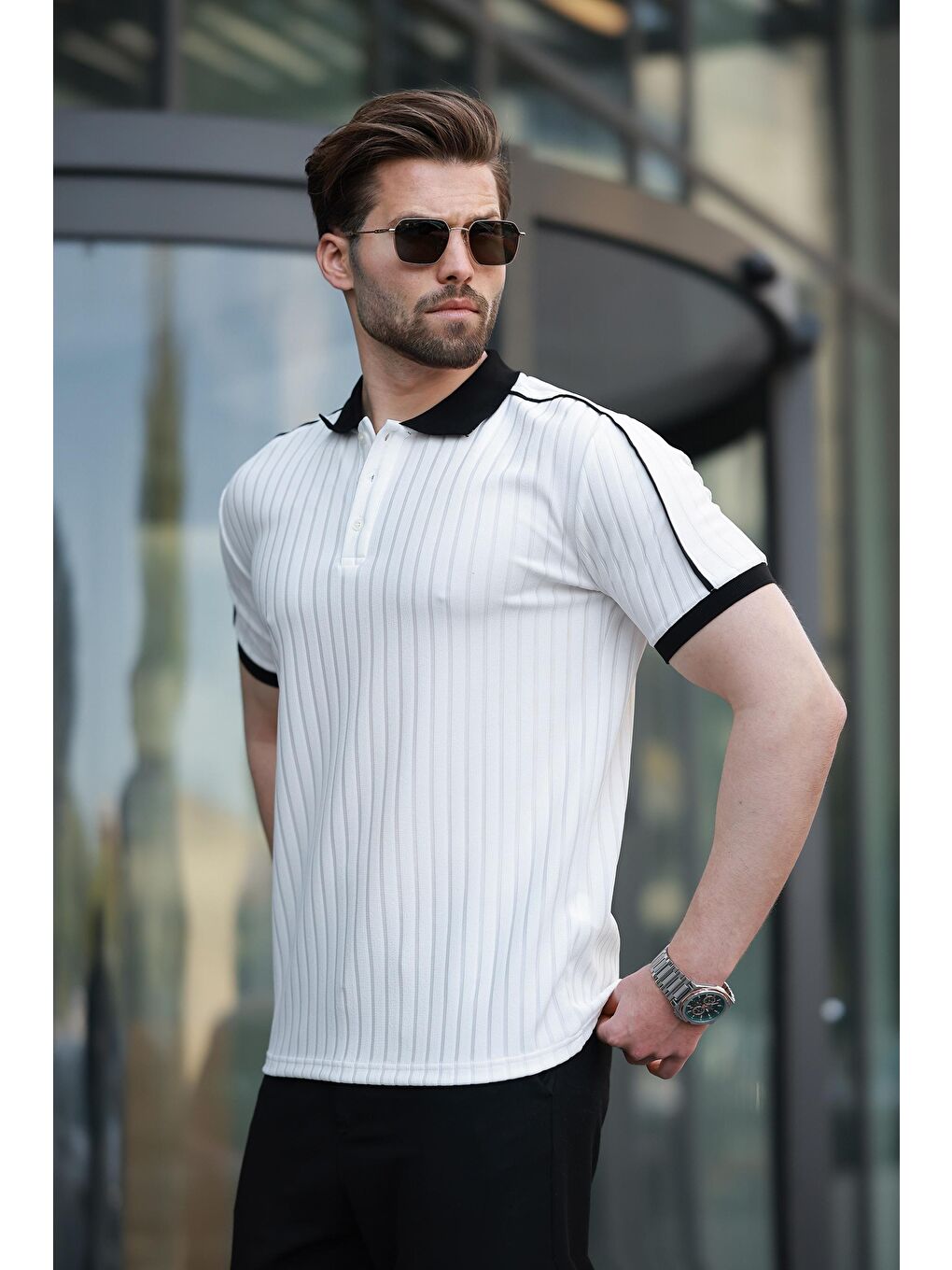 Ekru Desenli Polo Yaka Triko Erkek Tişört E7155-2