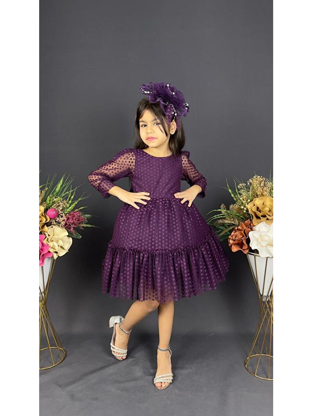 Mürdüm Katkat Prenses Dantel Tokalı Kız Çocuk Elbise MNK0306-2