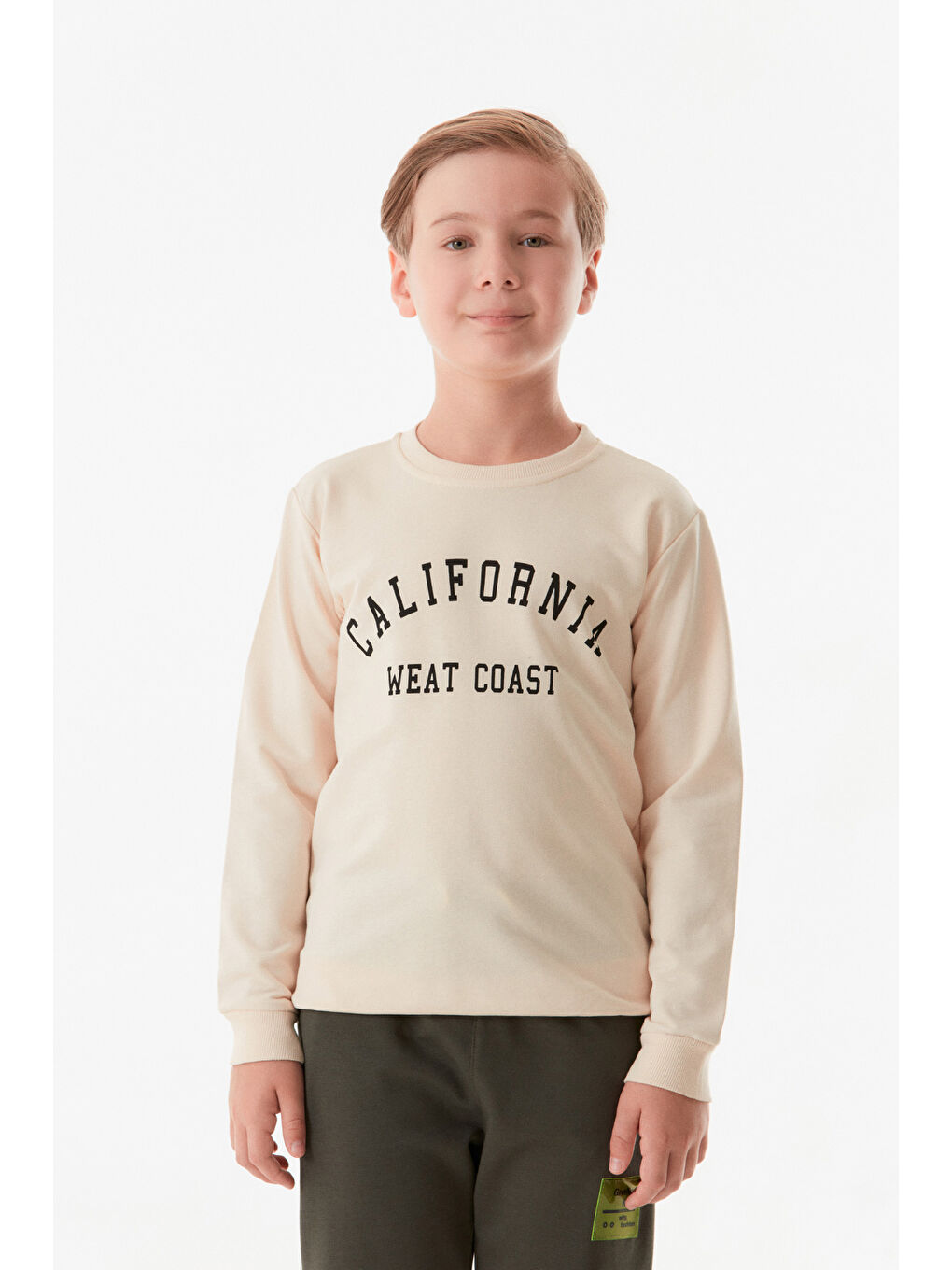 Fullamoda Bej California Baskılı Bisiklet Yaka Erkek Çocuk Sweatshirt